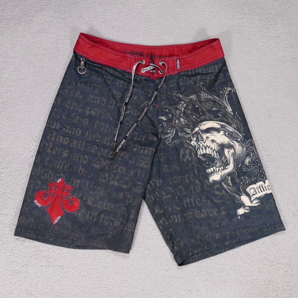 Affliction Board Shorts Mens 32 Gray Gothic Cross Eagle Skull Surf Swim Trunks